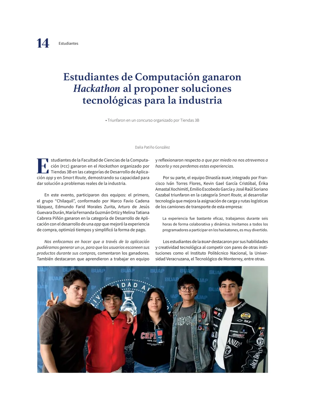 Página 14 de la Gaceta Universidad BUAP 315: la nota del hackathon de Tiendas 3B y la foto del equipo Dinastía BUAP